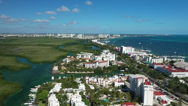 Aerial view of Cancun zona hotelera at sunny day, Mexico