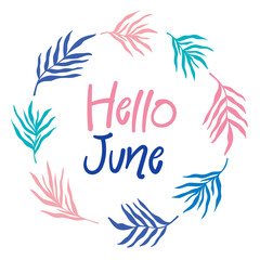 Fototapeta na wymiar Hello June - cute greeting card, bright colorful summer banner template design, round frame with palm leaves foliage silhouette, simple lettering text.
