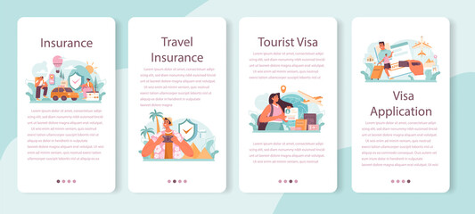 Traveling abroad mobile application banner set. Visa application - obrazy, fototapety, plakaty