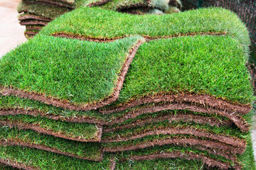 Stacks of green sod patches, used for grass lawn making