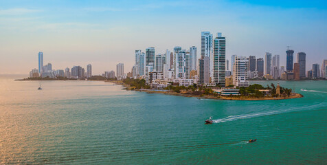 Skyline of Cartagena de Indias, Colombia. Bocagrande district. - obrazy, fototapety, plakaty