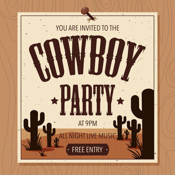 Cowboy party vector illustration in flat style. Western cowboy party poster, banner or invitation nailed to a wooden board. Wild west style broadsheet with the image of desert and cactus.