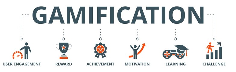 Fototapeta na wymiar Gamification banner web icon vector illustration concept with icon of user engagement, reward, achievement, motivation, learning, and challenge