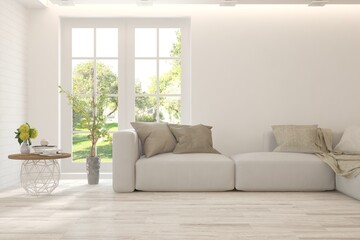 White living room with sofa and summer landscape in window. Scandinavian interior design. 3D illustration