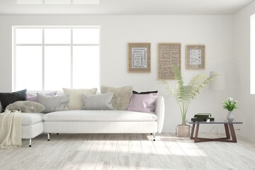 White living room with sofa. Scandinavian interior design. 3D illustration