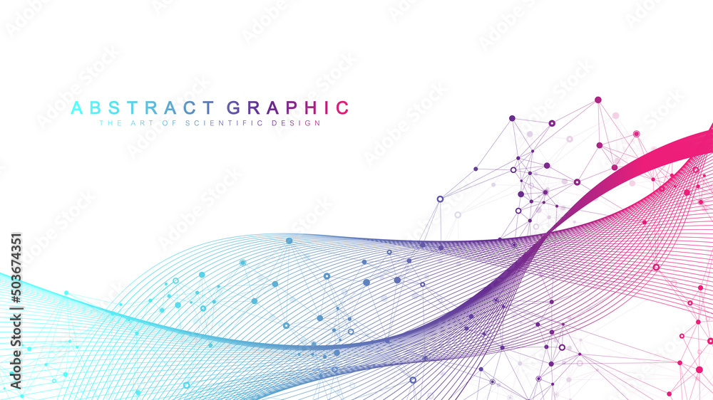 Poster Geometric abstract background with connected lines and dots. Connectivity flow point. Molecule and communication background. Graphic connection background for your design. Vector illustration.