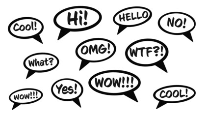 Chat speech bubble with talk phrase for communication set. Question, shout expression and comment message for chatting and social media conversation vector illustration isolated on white background