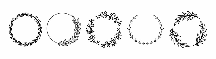 Various graphic floral round frames. Frame set. Vector isolated on white background.