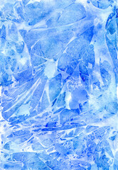 New Year watercolor background. Imitation of ice with paints. Winter background, grunge texture. Imitation of frozen patterns. Winter pattern on glass. Frozen water in watercolor.