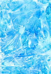 Blue background with white splashes. Abstract watercolor background with imitation of frozen water. Watercolor texture. Bright background of ice patterns.