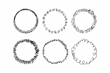 Set of abstract graphic round frames. Imitation of hatching. Vector isolated on white background.