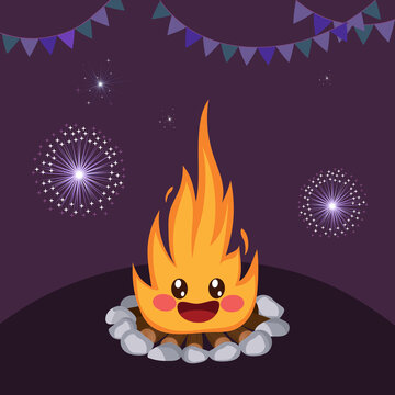 Cute cartoon bonfire character on night party with fireworks on the background