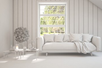 Mock up of stylish room in white color with sofa and green landscape in window. Scandinavian interior design. 3D illustration