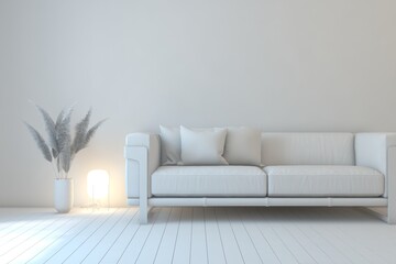 White minimalist living room with sofa. Scandinavian interior design. 3D illustration