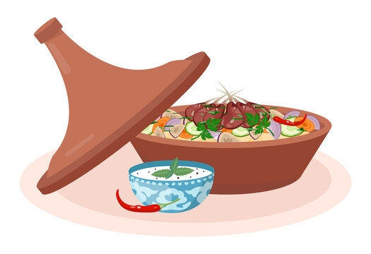 Tajine or tagine. North African dish, arabic cuisine restaurant menu.