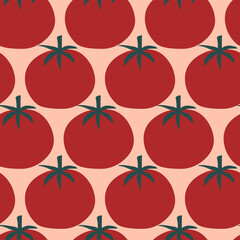 Abstract red tomatoes with green leaf hand drawn vector illustration. Vegetables seamless pattern for textile or wallpaper.