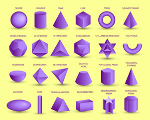 Vector realistic 3D purple geometric shapes isolated on yellow background. Maths geometrical figure form, realistic shapes model. Platon solid. Geometric shapes icons for education, business, design. - obrazy, fototapety, plakaty