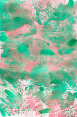 Pink splashes on a turquoise background. Background for designing invitations. Bright watercolor background with pronounced texture. Red strokes, beautiful pink spots. Creative paint stains