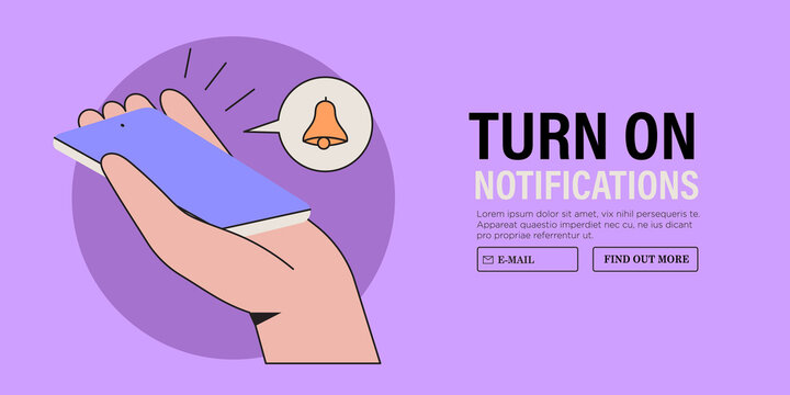 Hand hold smartphone with notification or alarm clock sign vector illustration. Subscription to news, sales, discounts and new releases. Creative web or social media banner, ui, website advertisement.