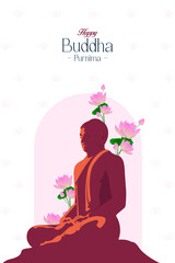 Happy Buddha Purnima, Vesak Day wishes greetings with a buddha and lotus vector illustration. Can be used for posters, banners, greetings, and print design.