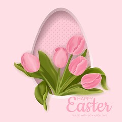 Vector postcard with tulips. Congratulations on the happy Easter holiday
