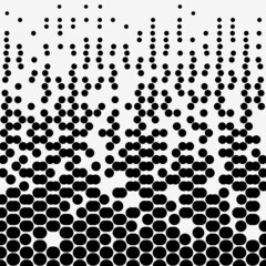 Abstract seamless geometric circle pattern. Mosaic background of black circles. Evenly spaced shapes of different sizes. Vector illustration on light gray background