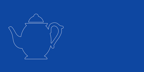 A large white outline teapot on the left. Designed as thin white lines. Vector illustration on blue background