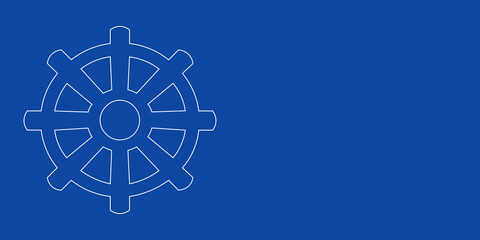 A large white outline wheel symbol on the left. Designed as thin white lines. Vector illustration on blue background