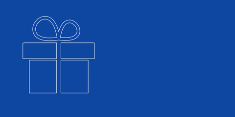 A large white outline gift symbol on the left. Designed as thin white lines. Vector illustration on blue background