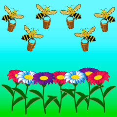 Illustration  with flying bees with buckets full of honey and colored flowers