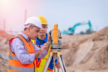 Surveyor engineer wearing safety uniform ,helmet and radio communication with equipment theodolite to measurement positioning on the construction site of the road with construct machinery background