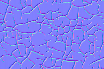 Normal map seamless texture of cracked paint. Bump mapping of drought ground pattern. Broken clay surface or dry soil. Grunge contour background. Old wall with crackles for 3d shaders