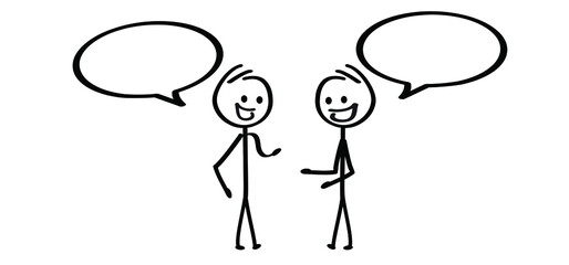 Two cartoon stickman, stick figure man, dialogue, speaking people icon or pictogram. Talk or chat icon or pictogram. talking, speech bubble symbol. Friendship conversation. People talking, feedback