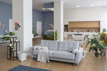 minimalist modern interior design huge bright apartment with an open plan in Scandinavian style in...