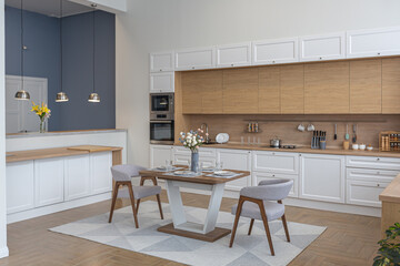 minimalist modern interior design huge bright apartment with an open plan in Scandinavian style in white, blue and dark blue colors with columns in the center. includes kitchen area, office and lounge