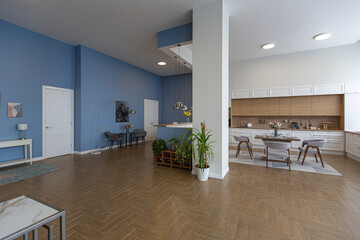 minimalist modern interior design huge bright apartment with an open plan in Scandinavian style in white, blue and dark blue colors with columns in the center. includes kitchen area, office and lounge