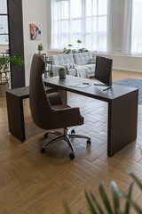 minimalist modern interior design huge bright apartment with an open plan in Scandinavian style in white, blue and dark blue colors with columns in the center. includes kitchen area, office and lounge