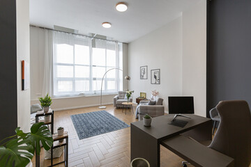 minimalist modern interior design huge bright apartment with an open plan in Scandinavian style in white, blue and dark blue colors with columns in the center. includes kitchen area, office and lounge