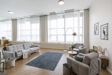 minimalist modern interior design huge bright apartment with an open plan in Scandinavian style in...