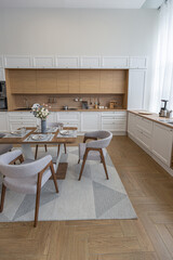 minimalist modern interior design huge bright apartment with an open plan in Scandinavian style in white, blue and dark blue colors with columns in the center. includes kitchen area, office and lounge