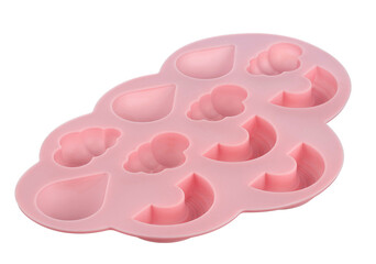 Baking dish with various types of recesses, made of heat-resistant pink silicone, insulated on a white background.