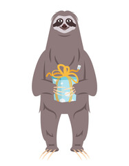 Sloth holding gift. Animal in cartoon style.