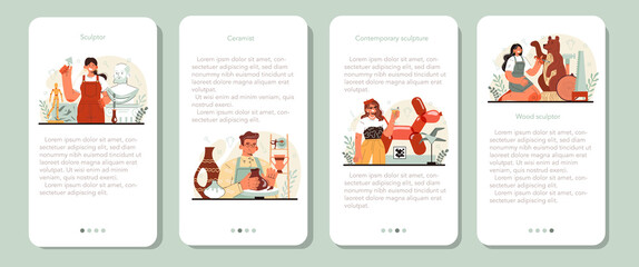 Sculptor mobile application banner set. Creating sculpture of the marble