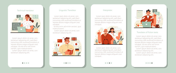 Translator mobile application banner set. Linguist translating document