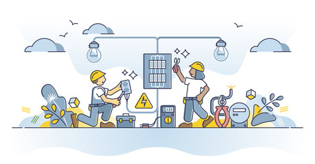 Electricians work as professional power supply repairman outline concept. Electricity expert with technician maintenance skills vector illustration. Lighting testing, repair, inspecting and support. - obrazy, fototapety, plakaty