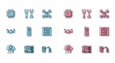 Set line Internet of things, Industrial machine robotic robot arm hand, Remote control, Global technology social network, Drone flying action camera and Spanner icon. Vector