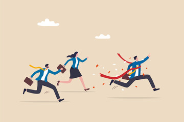 Businessman winning race celebrate victory at finish line, business success or achievement, skill or effort to succeed in work, motivation to win competition concept. - obrazy, fototapety, plakaty