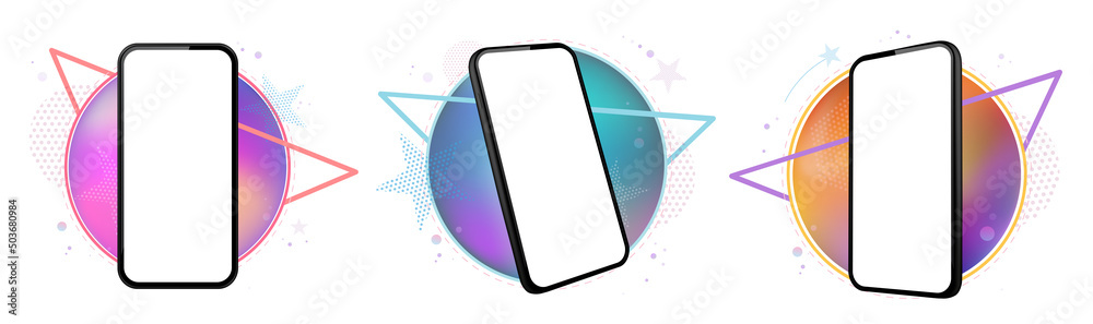 Sticker mobile phone vector mockup set with geometric abstract backgrounds. frameless black smartphone persp