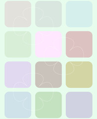 A set of twelve multi-colored square figures with rounded corners isolated on a light background. Wavy stripes. Image of white flowers between squares. Wallpaper design in pastel colors