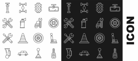 Set line Car key with remote, seat, wheel, Traffic light, Paint spray can, Wrench, and service icon. Vector